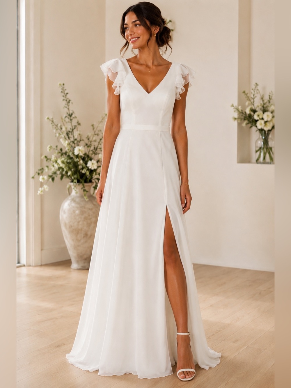 Azazie White Chiffon Bridal Dress | Size A2 Flutter Sleeve Side Slit Formal Gown